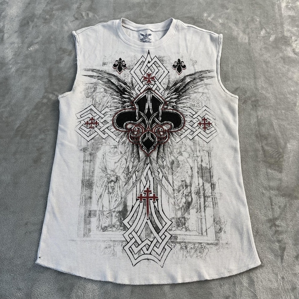 Faded Glory Shirt Med White‎ Sleeveless Cross Graphic Gothic Cyber Punk Thermal